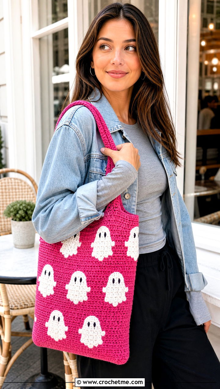 Ghost Crochet Tote With Denim Jacket - 20 Crochet Halloween Clothing and outfit ideas