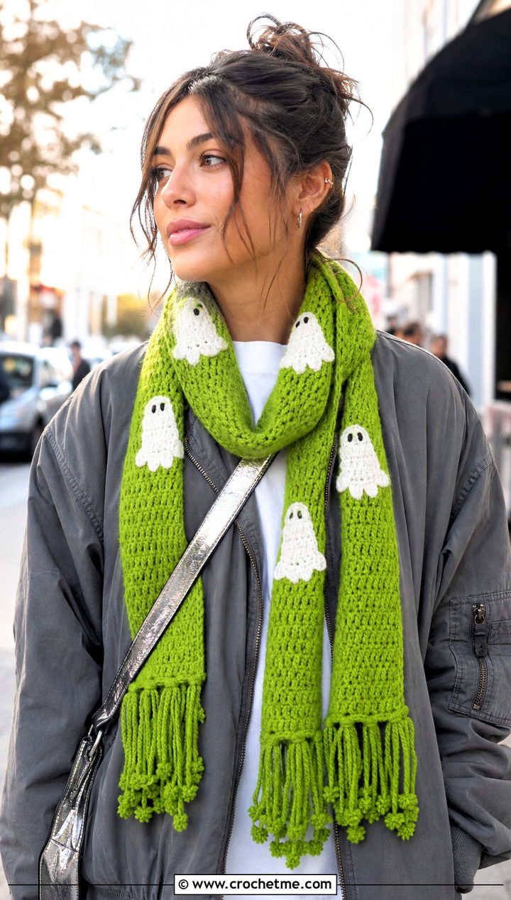 Ghost Fringe Halloween Scarf With Bomber Jacket - 20 crochet halloween scarf outfit ideas