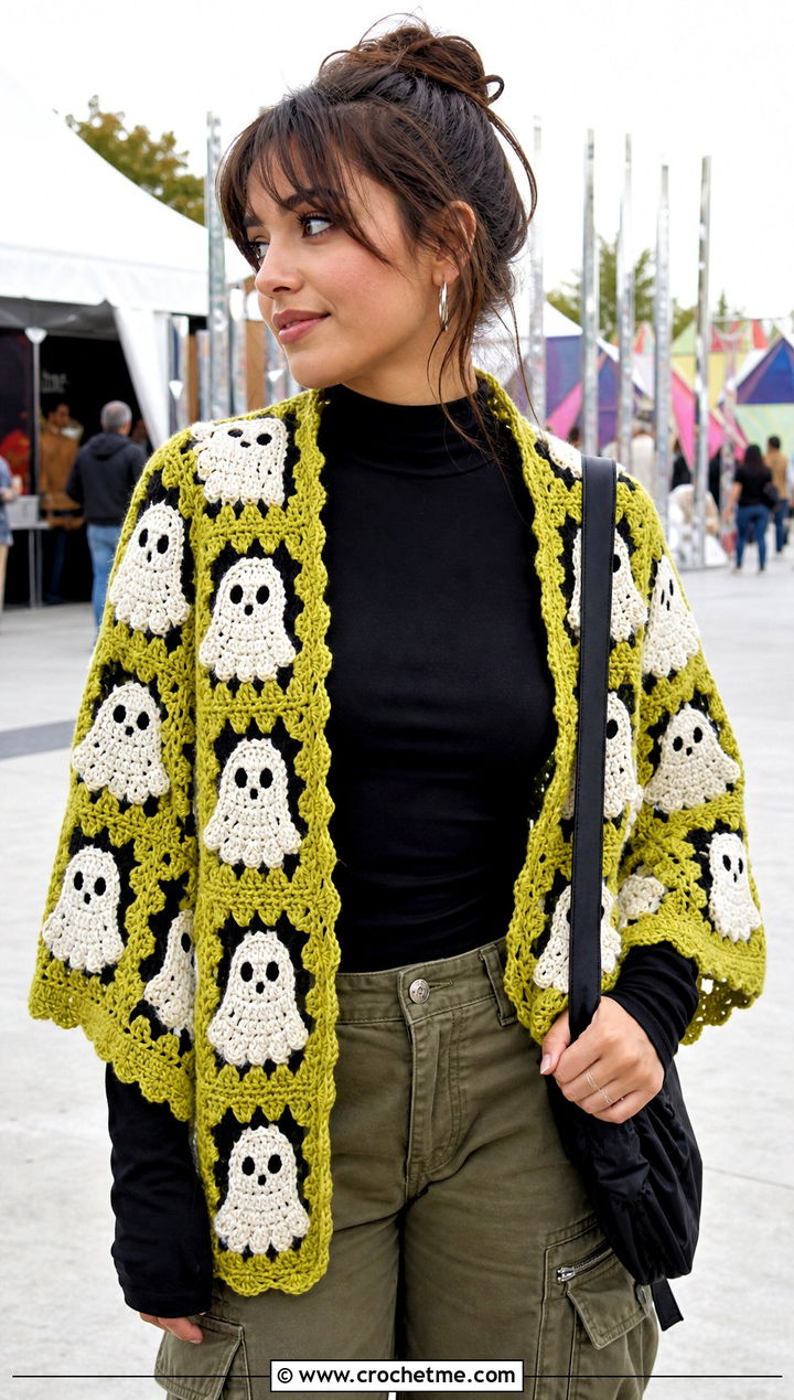 Ghost Granny Square Crochet Halloween Shawl With Cargo Pants - 20 Crochet Halloween Shawl outfit ideas
