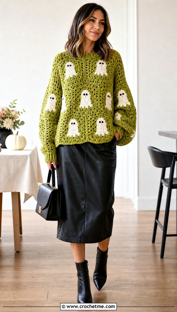 Ghost Granny Square Halloween Sweater With Leather Midi Skirt - 15 Crochet Granny Square Halloween Sweater outfit ideas
