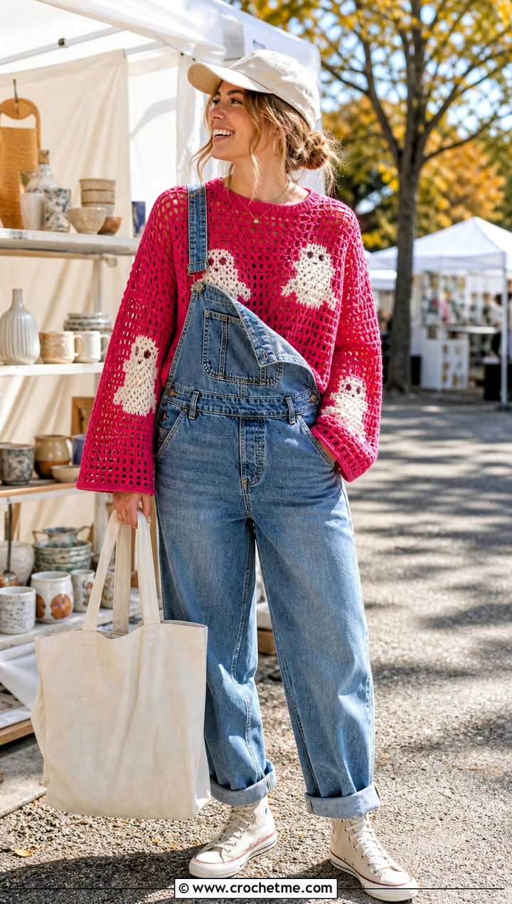 Ghost Mesh Crochet Top With Denim Overalls - 35 halloween crochet clothes and outfit ideas