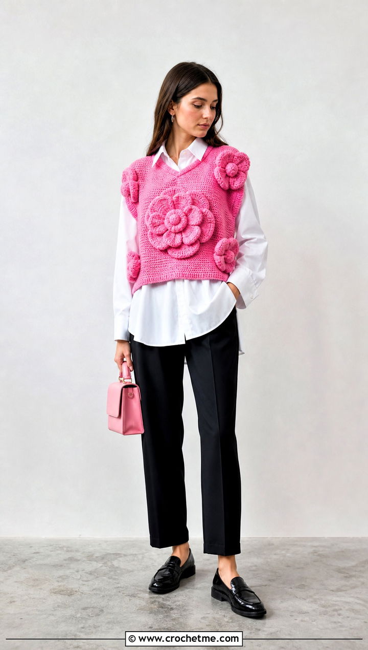 Giant Flower Crochet Vest With White Shirt - 25 weird crochet clothes and outfit ideas