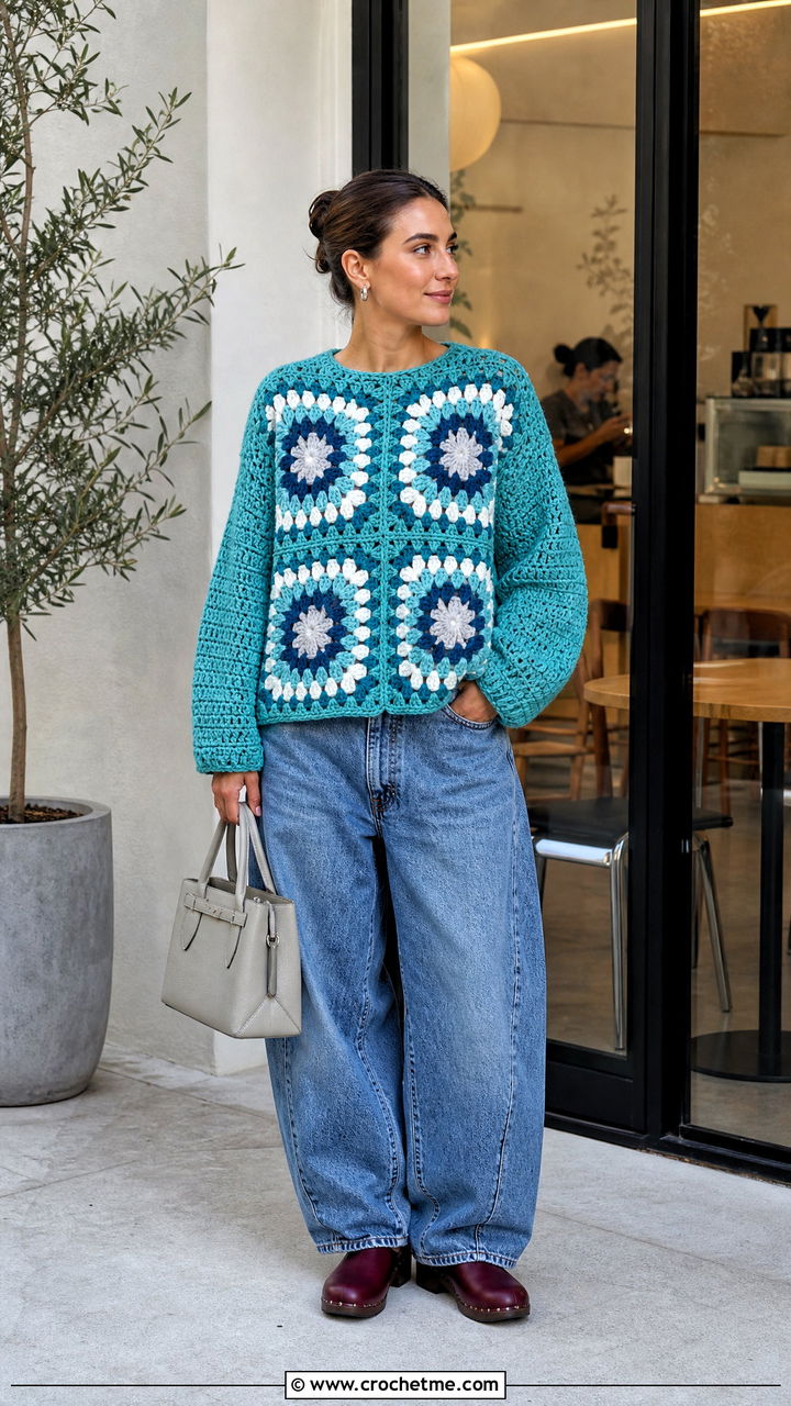 Giant Granny Square Sweater With Barrel Jeans - 35 crochet granny square sweater outfit ideas