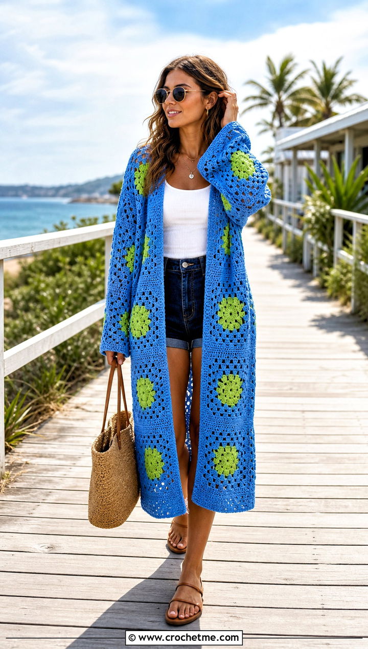 Giant Motif Long Granny Square Cardigan With Denim Shorts - 35 long granny square cardigan outfit ideas