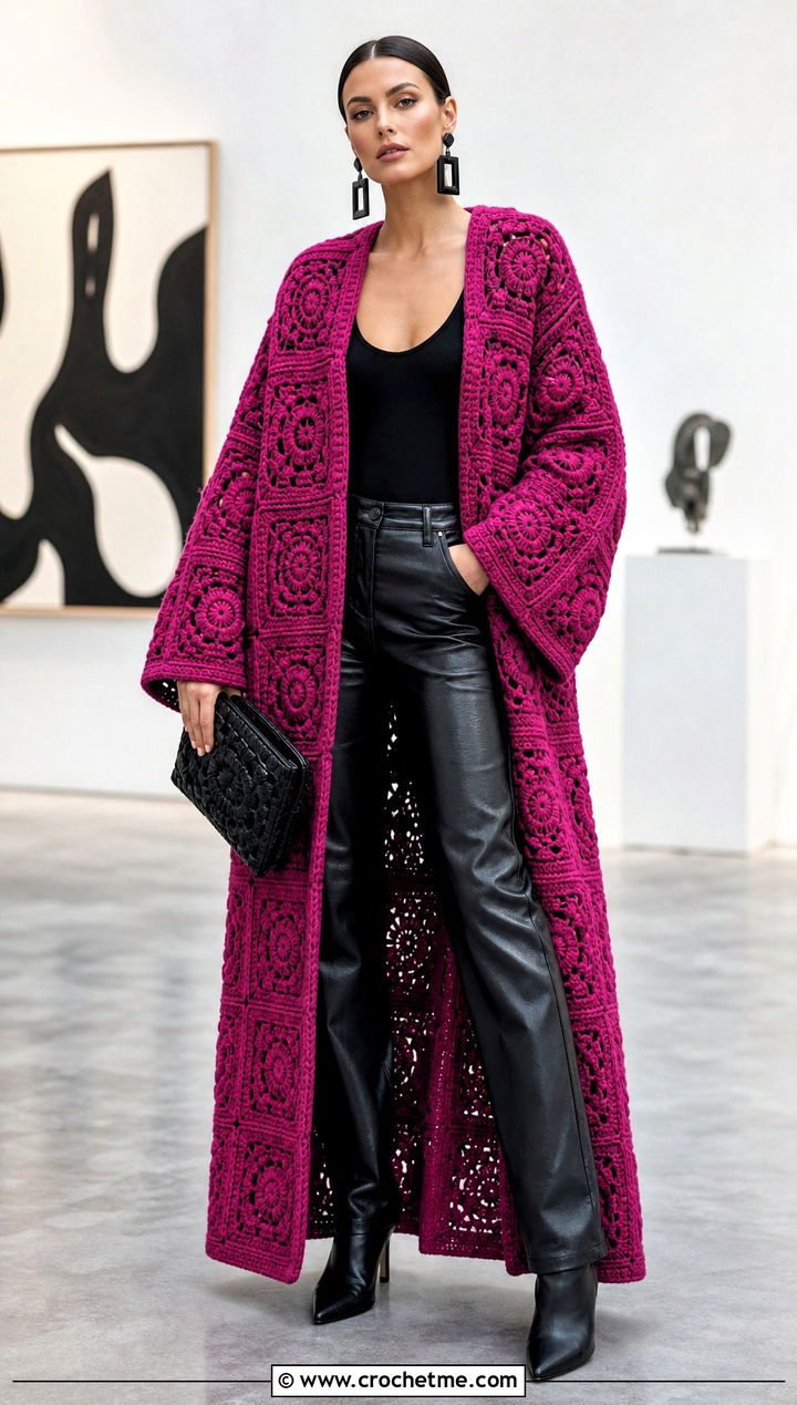 Giant Square Long Cardigan With Leather Pants - 25 crochet granny square long cardigan outfit ideas