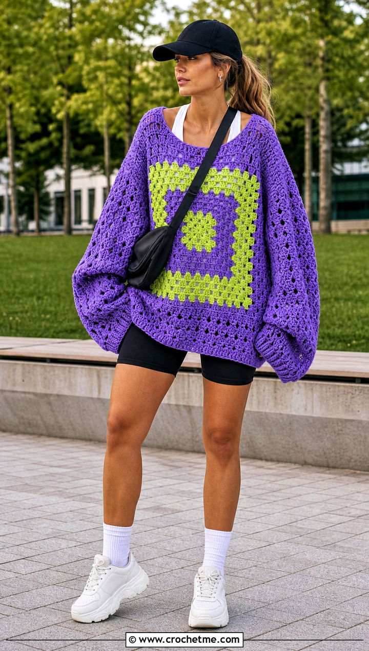 Giant Square Oversized Granny Square Sweater With Bike Shorts - 15 Crochet Oversized Granny Square Sweater outfit ideas
