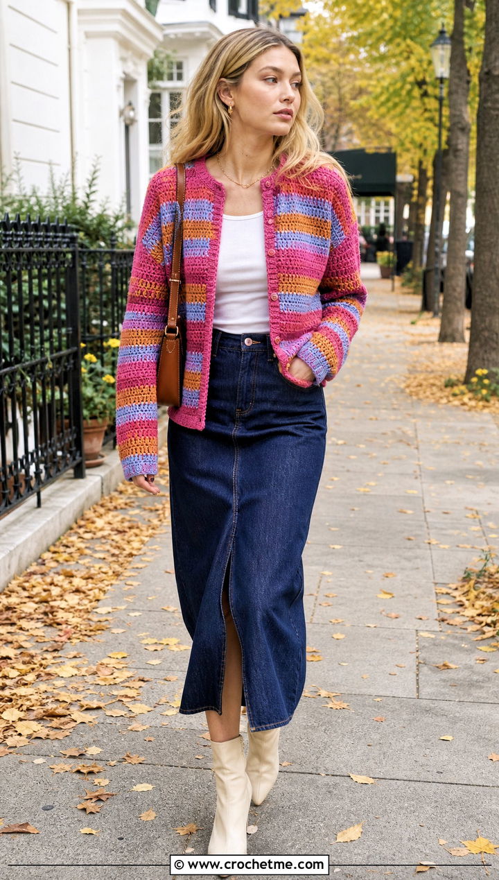 Gigi Hadid Striped Crochet Cardigan With Denim Midi Skirt - 25 Celebrities Crochet Outfit ideas