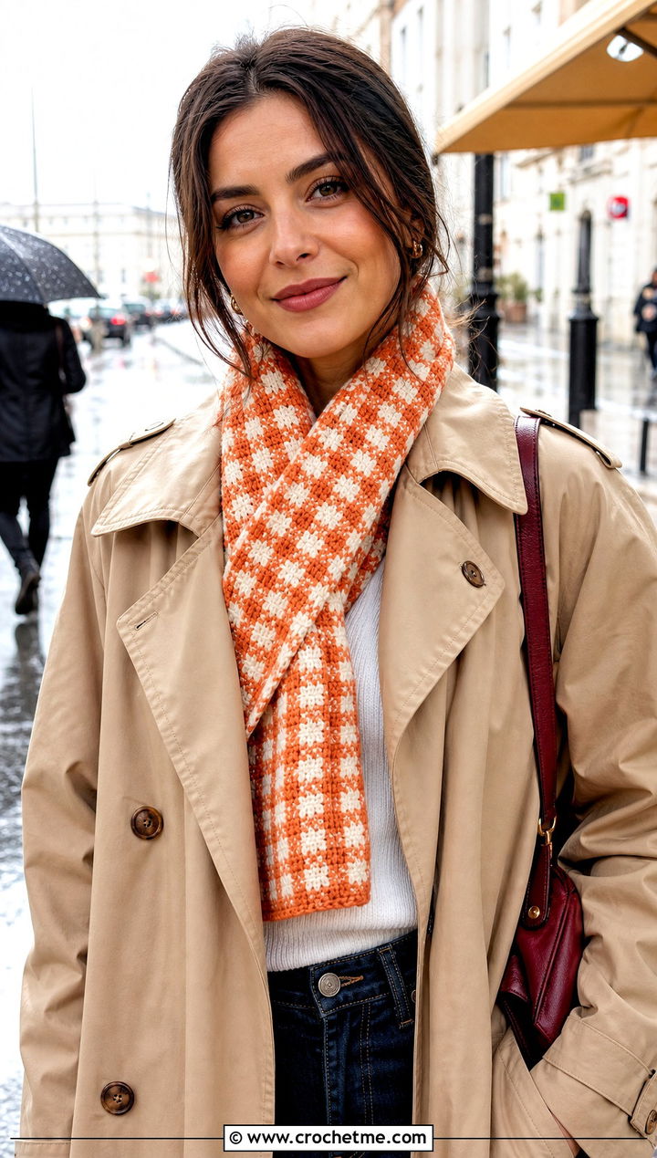 Gingham Checkered Crochet Scarf With Trench Coat and Loafers - 20 Checkered Crochet Scarf outfit ideas
