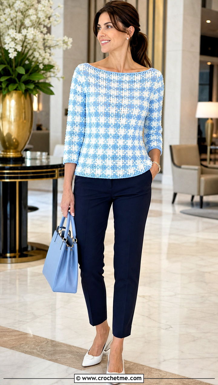 Gingham Crochet Boat Neck Top With Cigarette Pants - 30 gingham crochet top outfit ideas