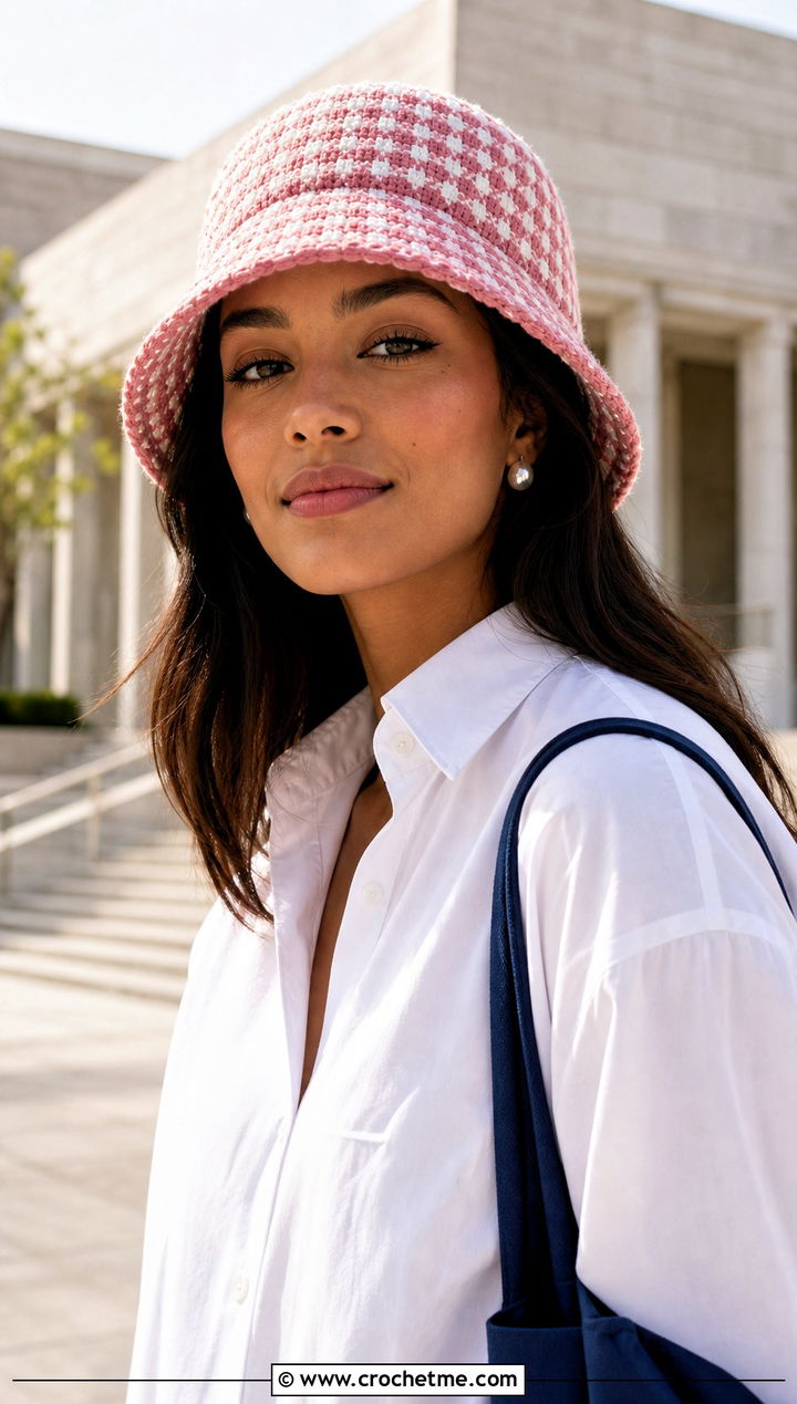 Gingham Crochet Bucket Hat With White Shirt - 25 Easy Crochet Bucket Hats outfit ideas