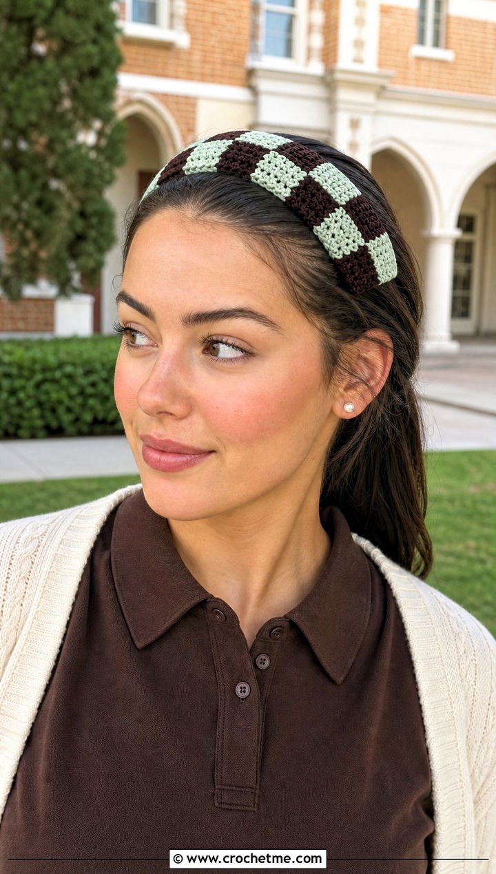 Gingham Crochet Checkered Headband With Polo Shirt And Pleated Skirt - 25 crochet checkered headband outfit ideas