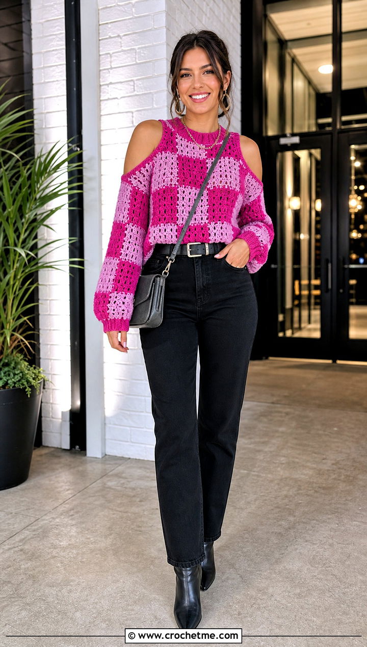Gingham Crochet Cold Shoulder Top With Black Jeans - 30 gingham crochet top outfit ideas