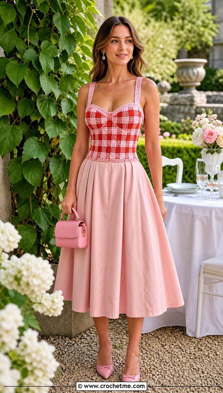 Gingham Crochet Corset Top With Full Midi Skirt - 30 gingham crochet top outfit ideas
