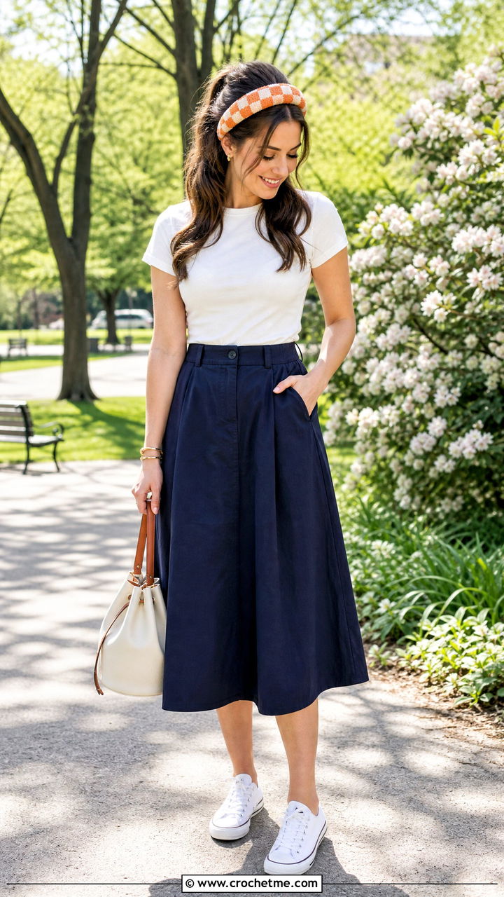 Gingham Crochet Headband With Cotton Midi Skirt - 35 crochet headbands outfit ideas