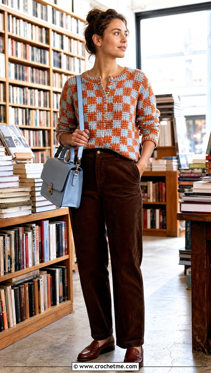 Gingham Crochet Henley Top With Corduroy Pants - 30 gingham crochet top outfit ideas