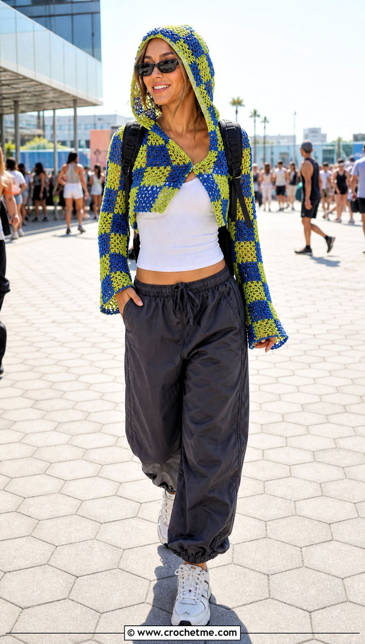 Gingham Crochet Hooded Top With Parachute Pants - 30 gingham crochet top outfit ideas