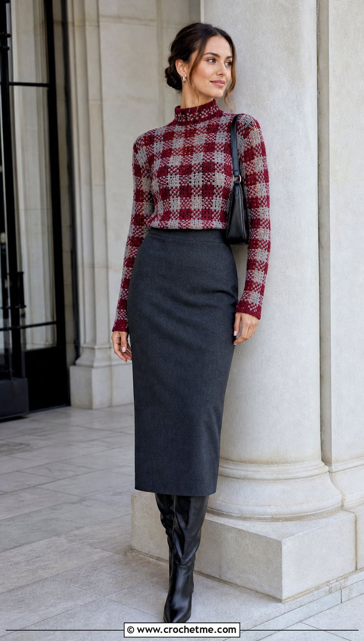 Gingham Crochet Mock Neck Top With Midi Skirt - 30 gingham crochet top outfit ideas