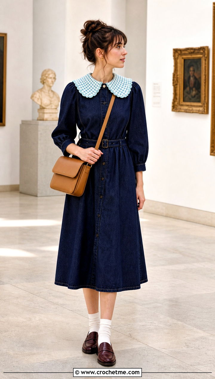 Gingham Crochet Peter Pan Collar With Denim Dress And Loafers - 35 crochet peter pan collar outfit ideas