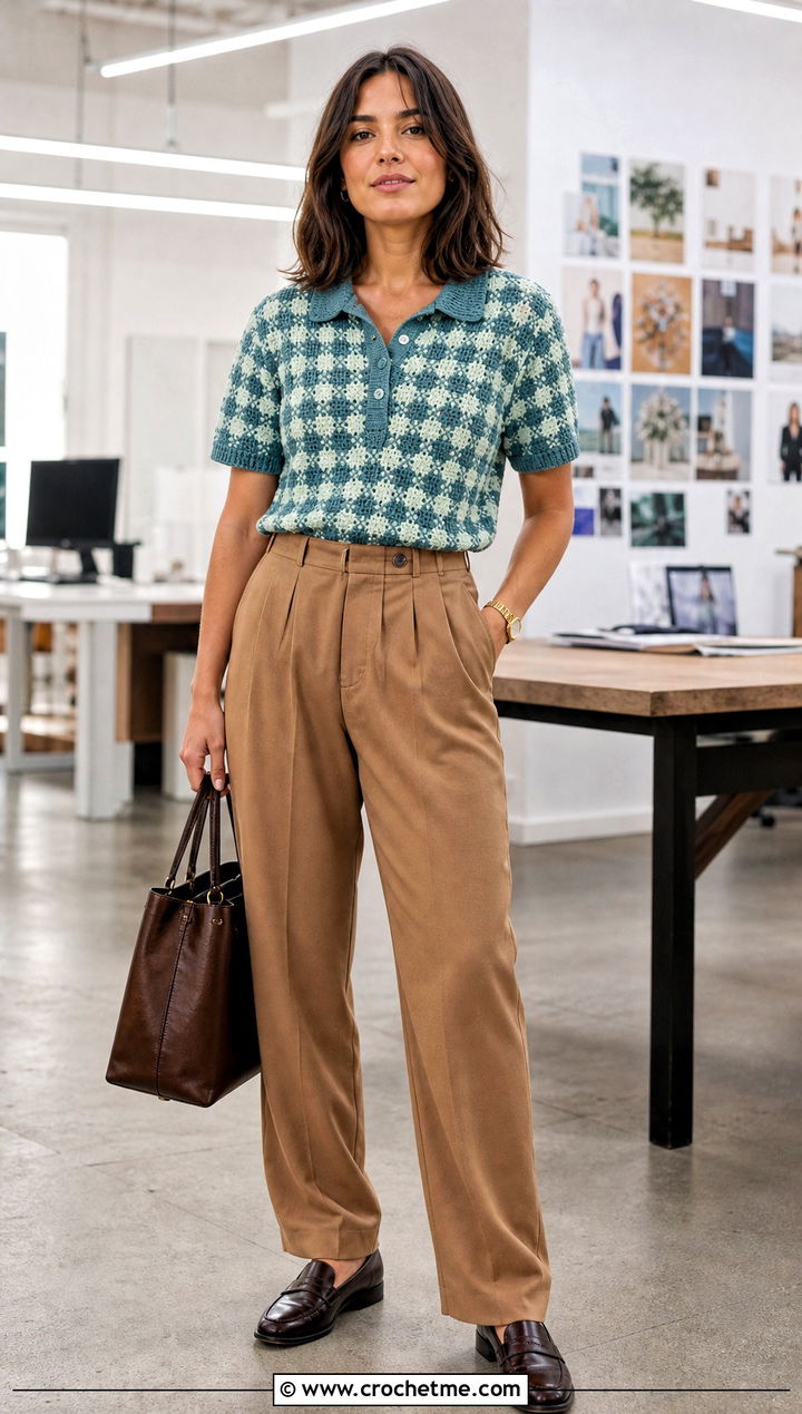 Gingham Crochet Polo Top With Pleated Trousers - 30 gingham crochet top outfit ideas
