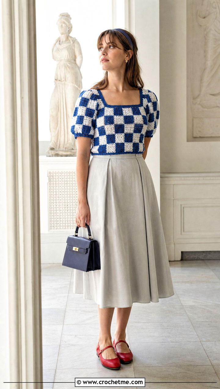 Gingham Crochet Puff Sleeve Top With A Line Skirt - 30 gingham crochet top outfit ideas