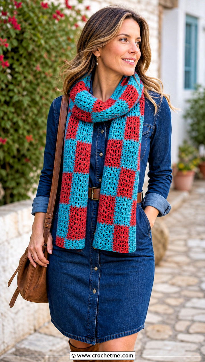 Gingham Crochet Scarf With Denim Dress And Boots - 30 2 color crochet scarf outfit ideas