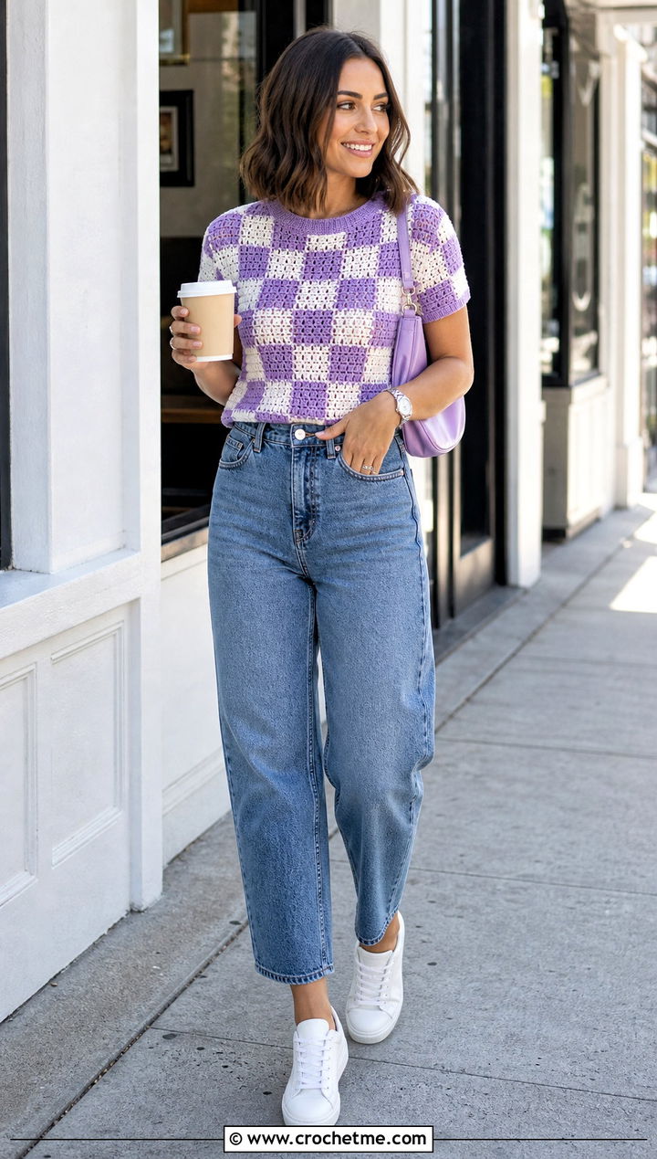 Gingham Crochet T Shirt Top With Barrel Jeans - 30 gingham crochet top outfit ideas