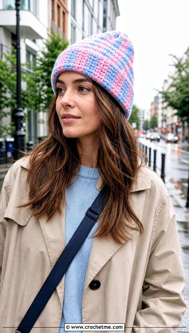 Gingham Fold Over Crochet Beanie With Trench Coat - 15 Plaid Crochet Beanie outfit ideas