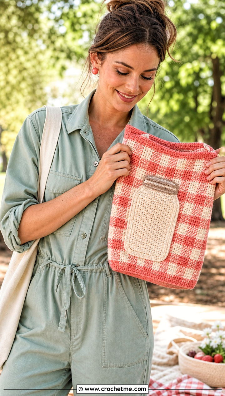 Gingham Mason Jar Sweater With Utility Jumpsuit - 20 Crochet Mason Jar Sweater outfit ideas