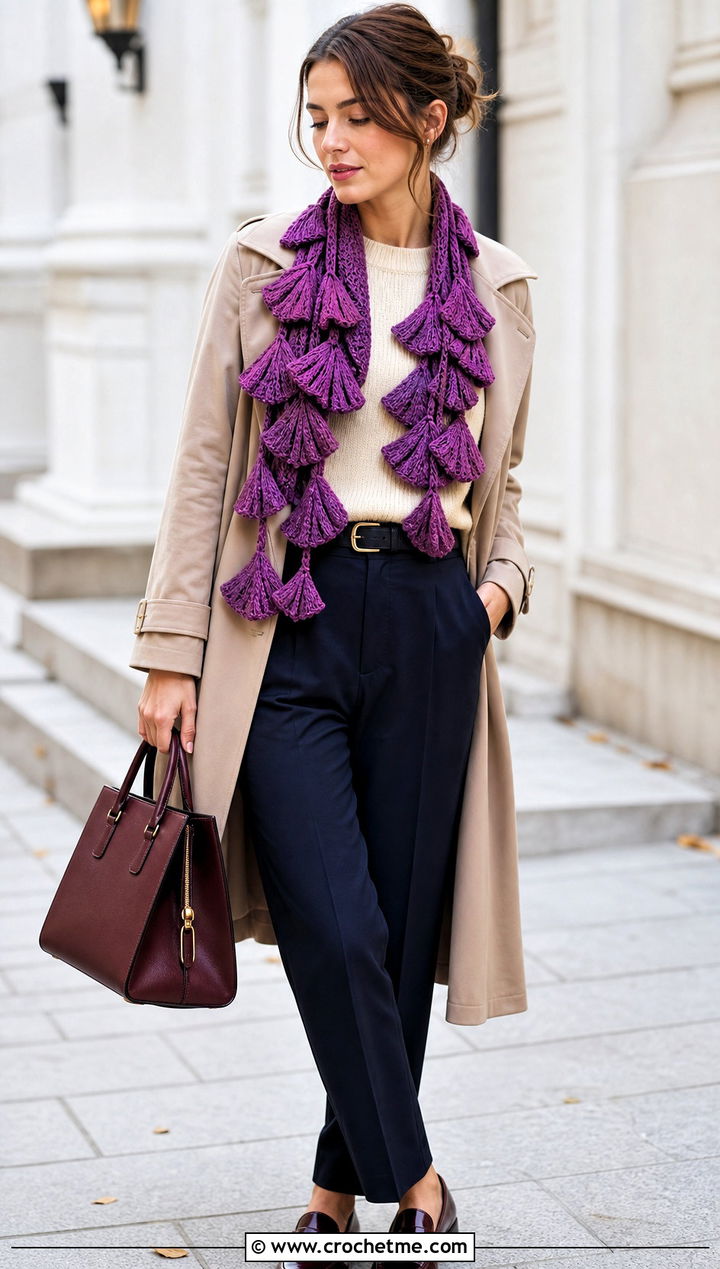 Ginkgo Leaf Scarf With Trench Coat - 25 crochet leaf scarf outfit ideas