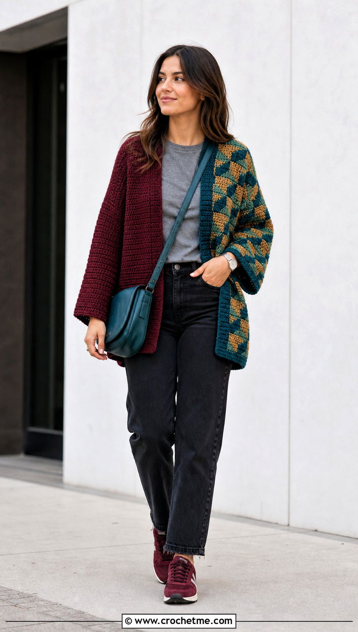 Giyu Half And Half Cardigan With Black Straight Leg Jeans - 35 Demon Slayer Crochet Cardigan outfit ideas