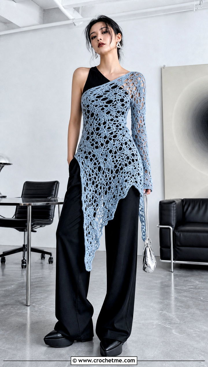Glacier Blue Asymmetrical Crochet Dress With Tailored Trousers - 15 goth crochet dress outfit ideas
