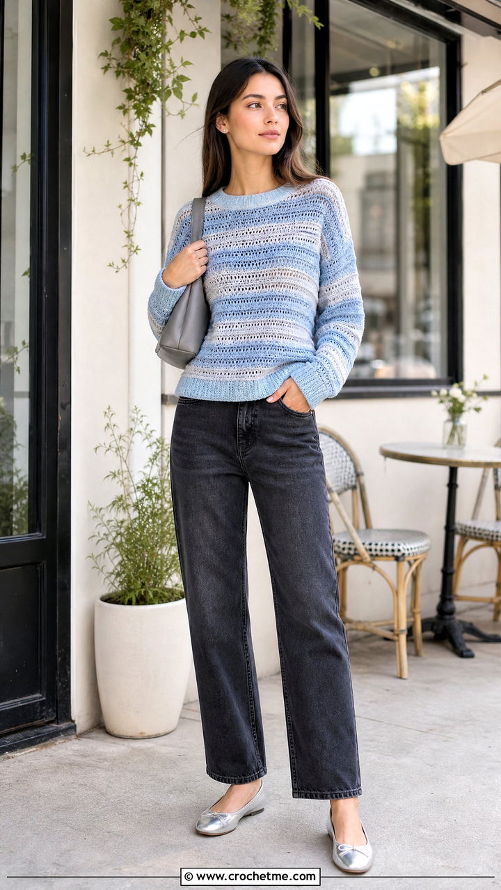 Glacier Blue Striped Crochet Sweater With Gray Jeans - 35 blue crochet sweater outfit ideas