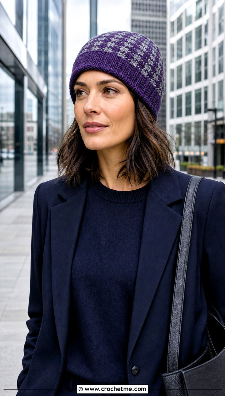Glen Plaid Crochet Beanie With Monochrome Suit - 15 Plaid Crochet Beanie outfit ideas