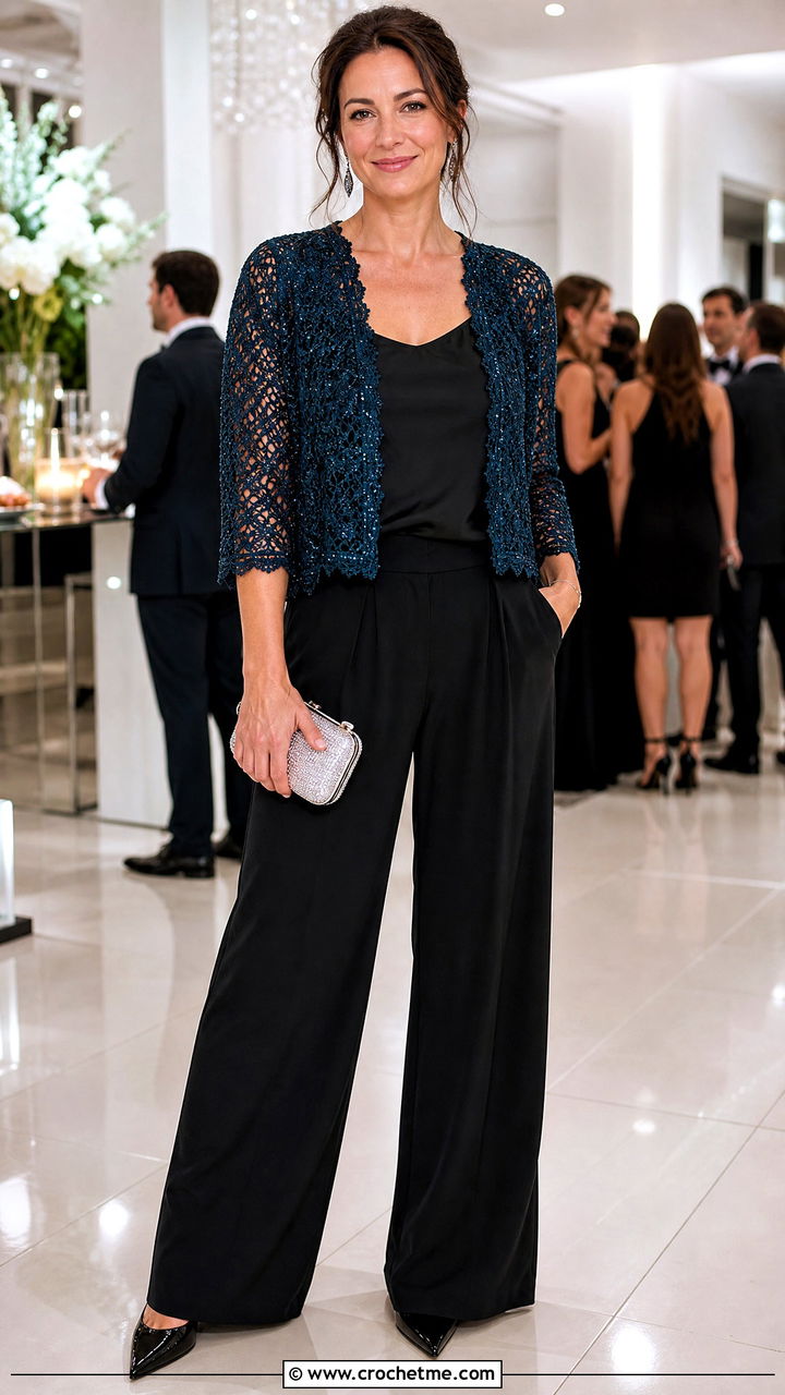 Glitzy Crochet Bolero With Black Trousers - 35 crochet shrug bolero outfit ideas