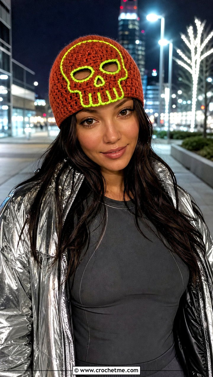Glow Accent Crochet Skull Beanie With Reflective Jacket - 30 crochet skull beanie outfit ideas