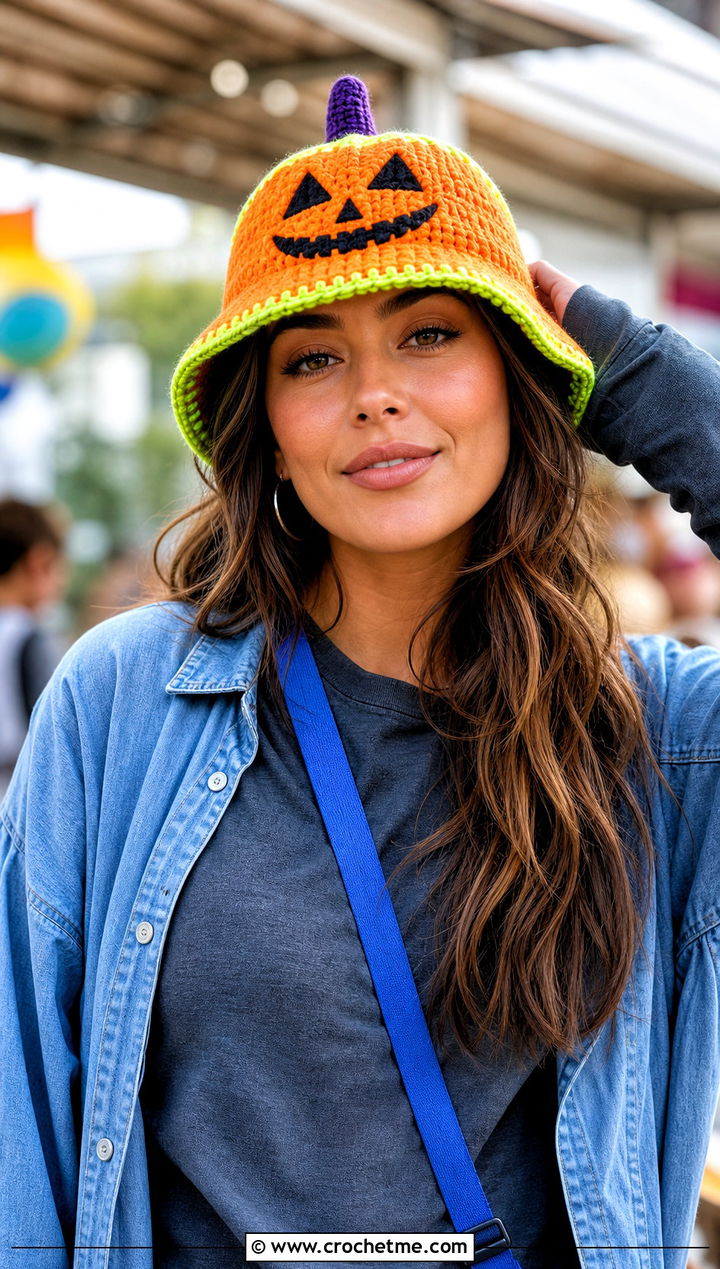 Glow Accent Pumpkin Bucket Hat With Casual Layers - 30 crochet pumpkin bucket hat outfit ideas