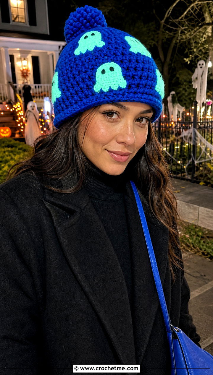 Glow In The Dark Ghost Beanie With Monochrome Outfit - 25 Halloween Crochet Beanies outfit ideas