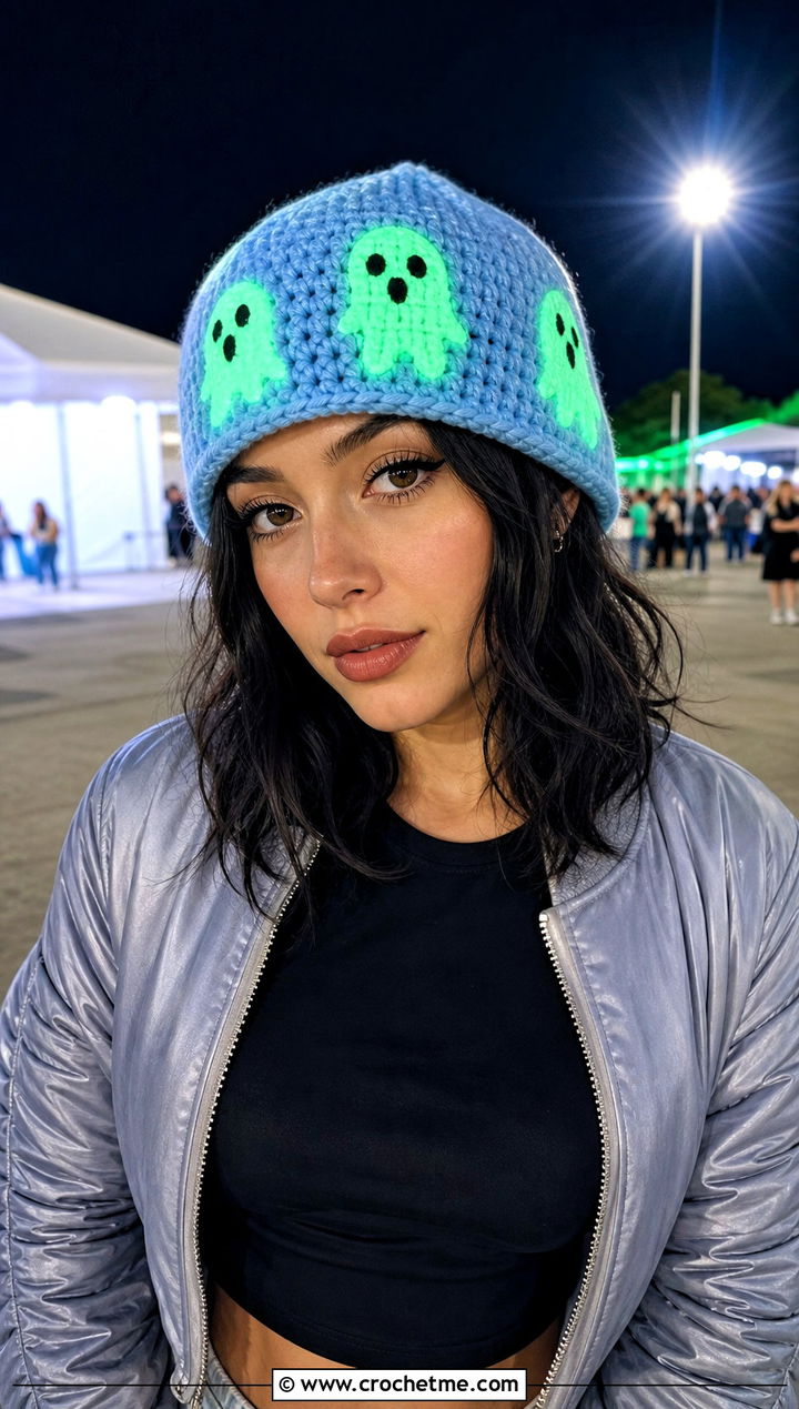 Glow In The Dark Ghost Crochet Beanie With Bomber Jacket - 25 Ghost Crochet Hat outfit ideas