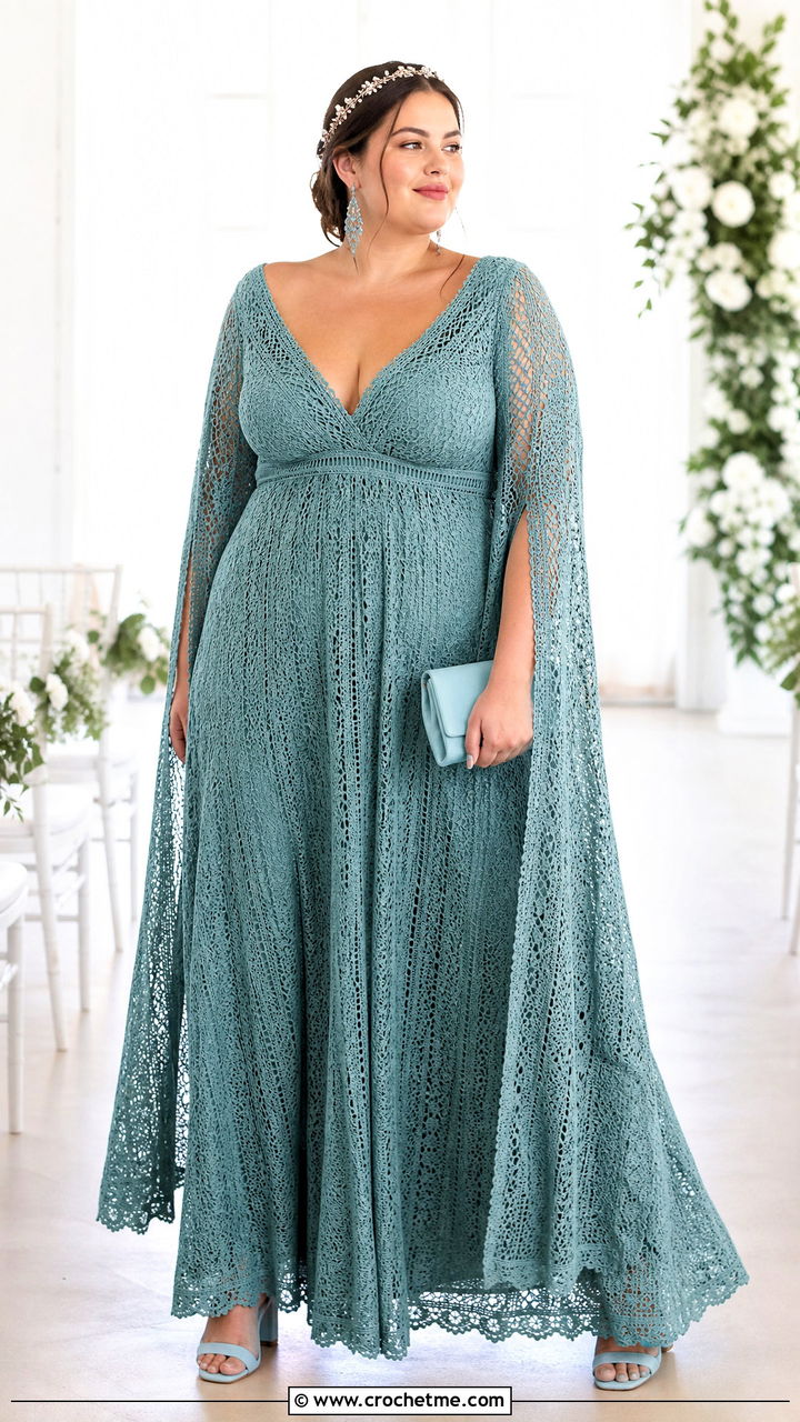 Goddess Sleeve Crochet Empire Gown With Wide Fit Heels - 35 crochet wedding dress outfit ideas