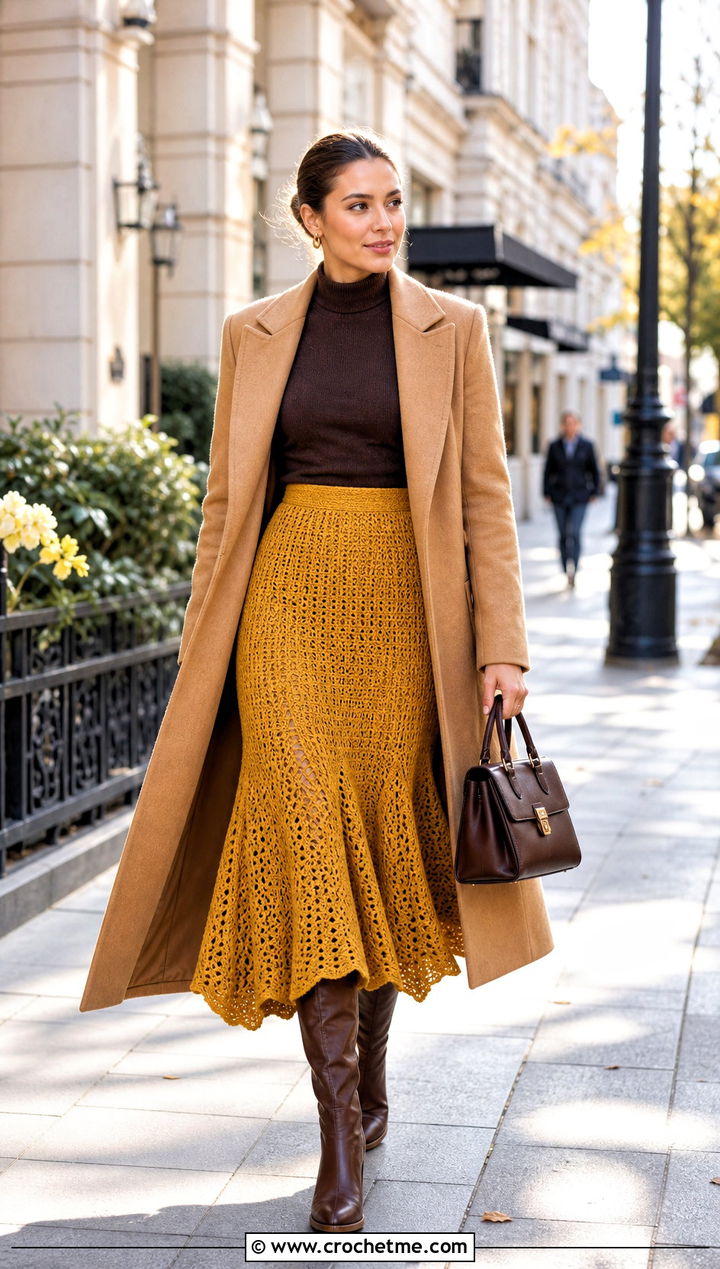 Godet Crochet Midi Skirt With Mock Neck Sweater - 30 diy crochet skirt outfit ideas