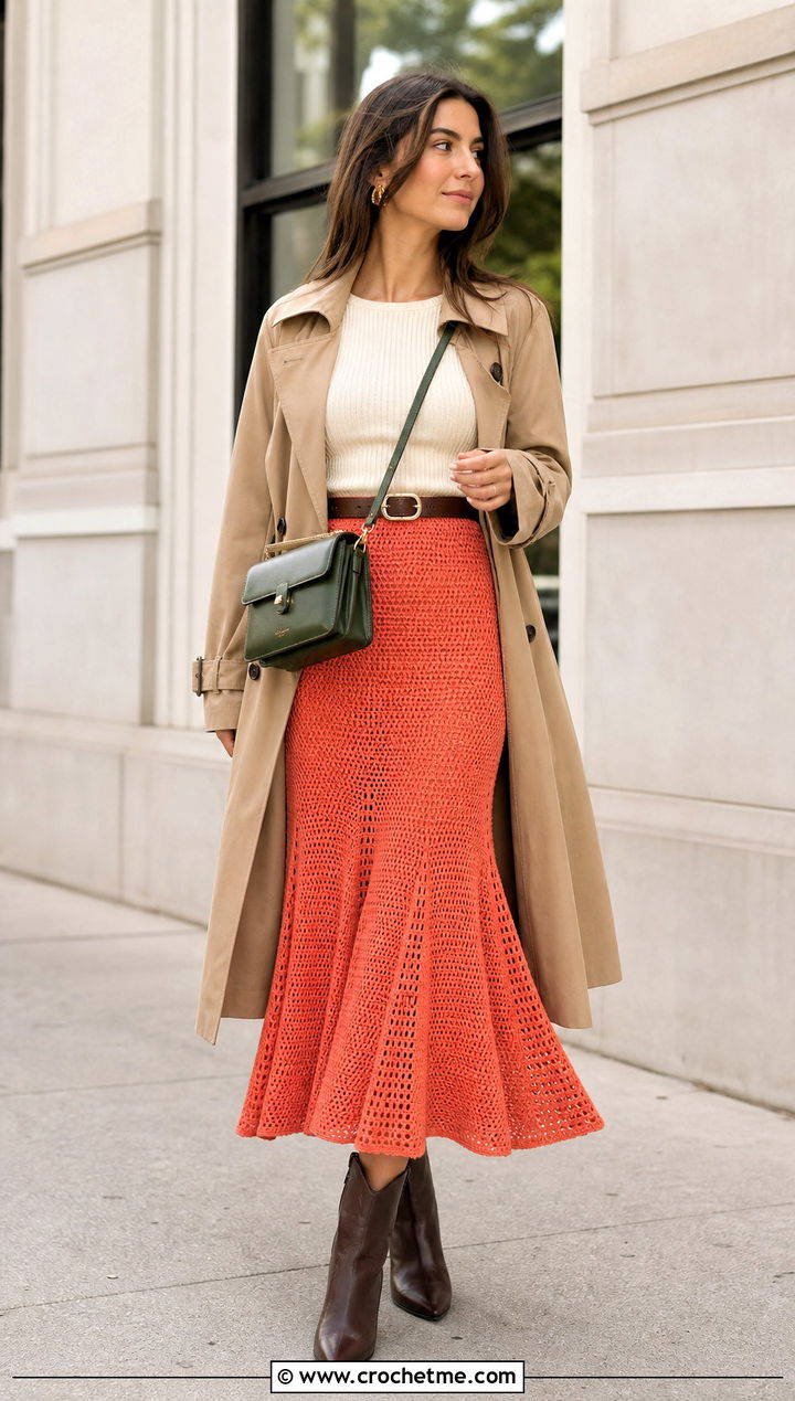 Godet Crochet Skirt With Belted Trench Coat - 30 Crochet Asymmetrical Skirt outfit ideas