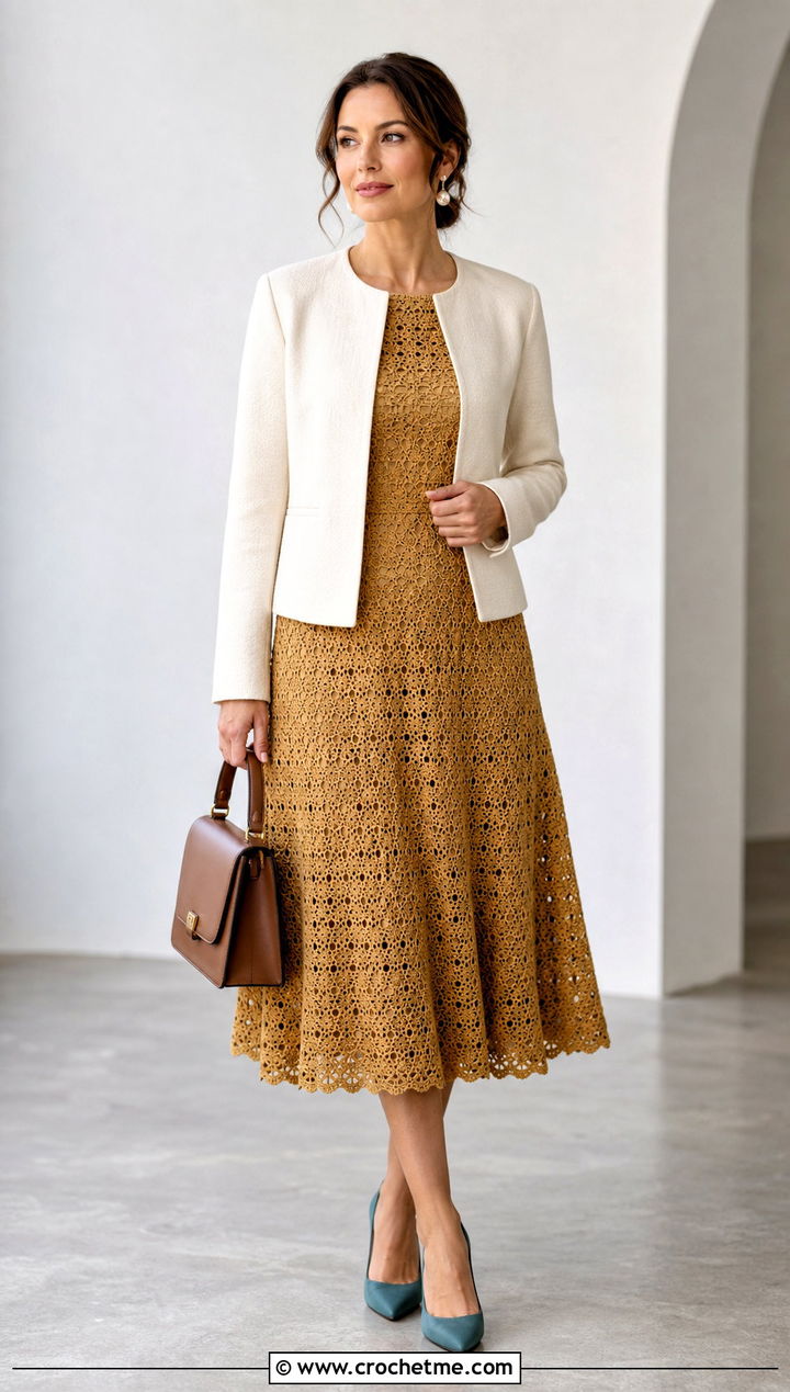 Gold A Line Crochet Midi Dress With Pumps - 35 Gold Crochet Dress outfit ideas