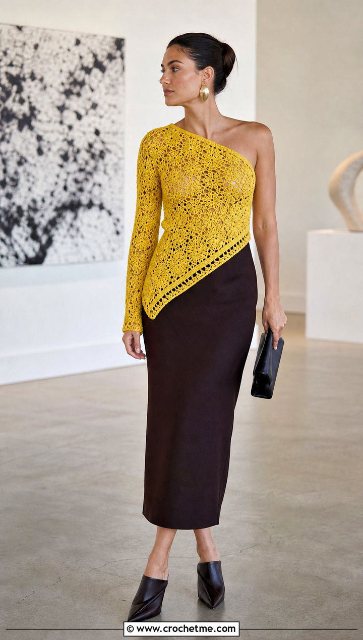 Gold Asymmetrical Crochet Top With Column Skirt - 35 gold crochet top outfit ideas
