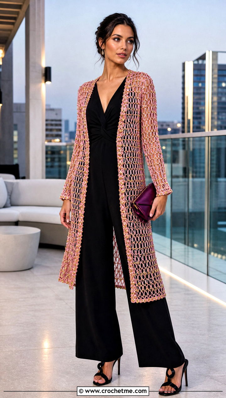 Gold Beaded Crochet Cover Up With Evening Jumpsuit - 15 Gold Crochet Cover Up outfit ideas