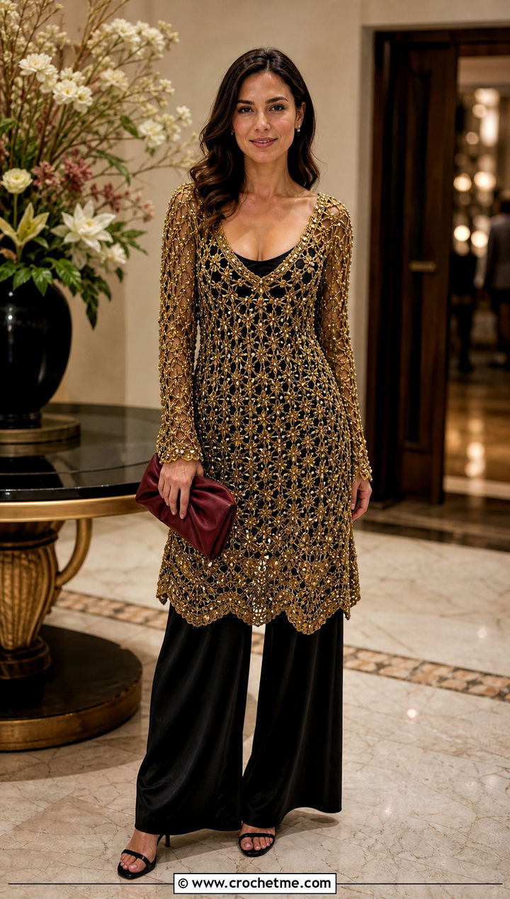 Gold Beaded Crochet Dress With Satin Pants - 35 Gold Crochet Dress outfit ideas