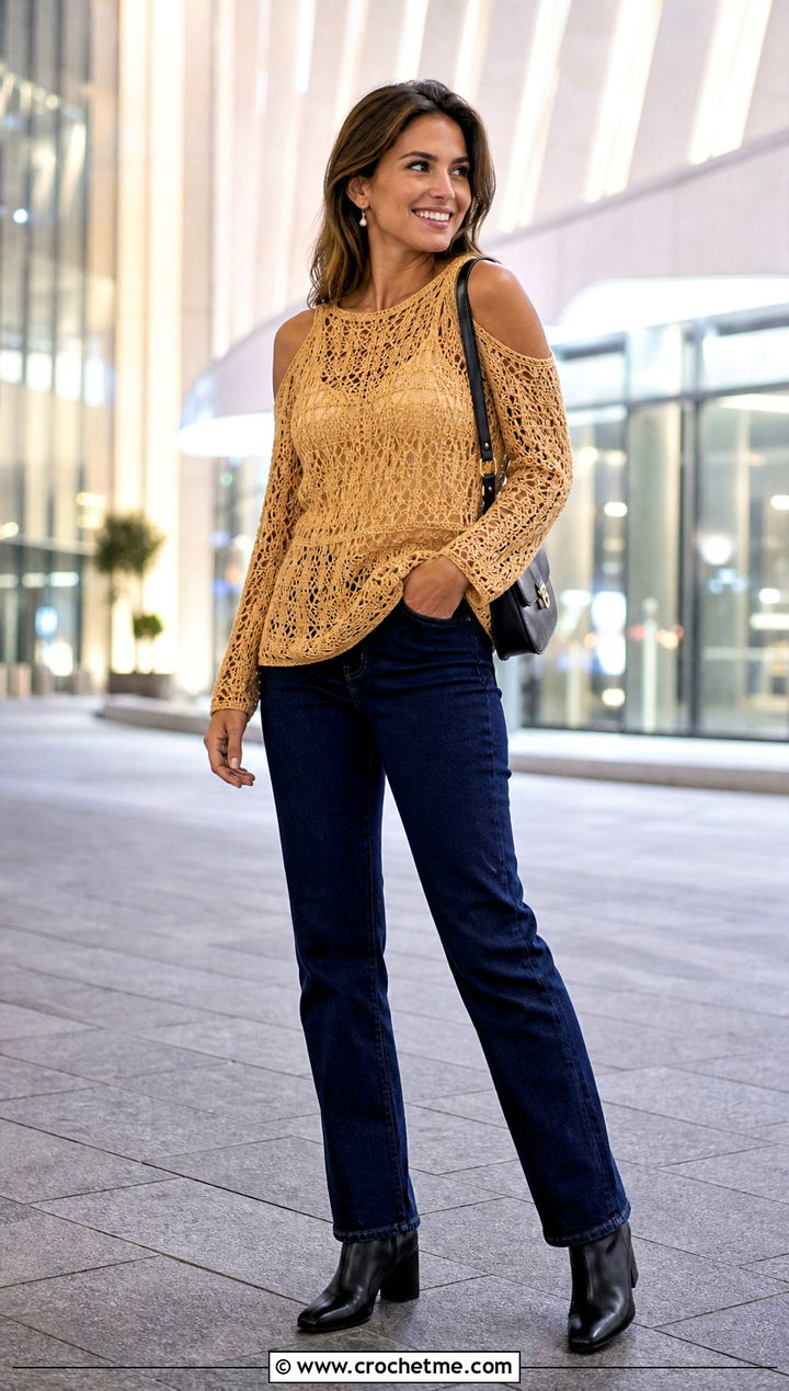 Gold Crochet Cold Shoulder Top With Straight Jeans - 35 gold crochet top outfit ideas