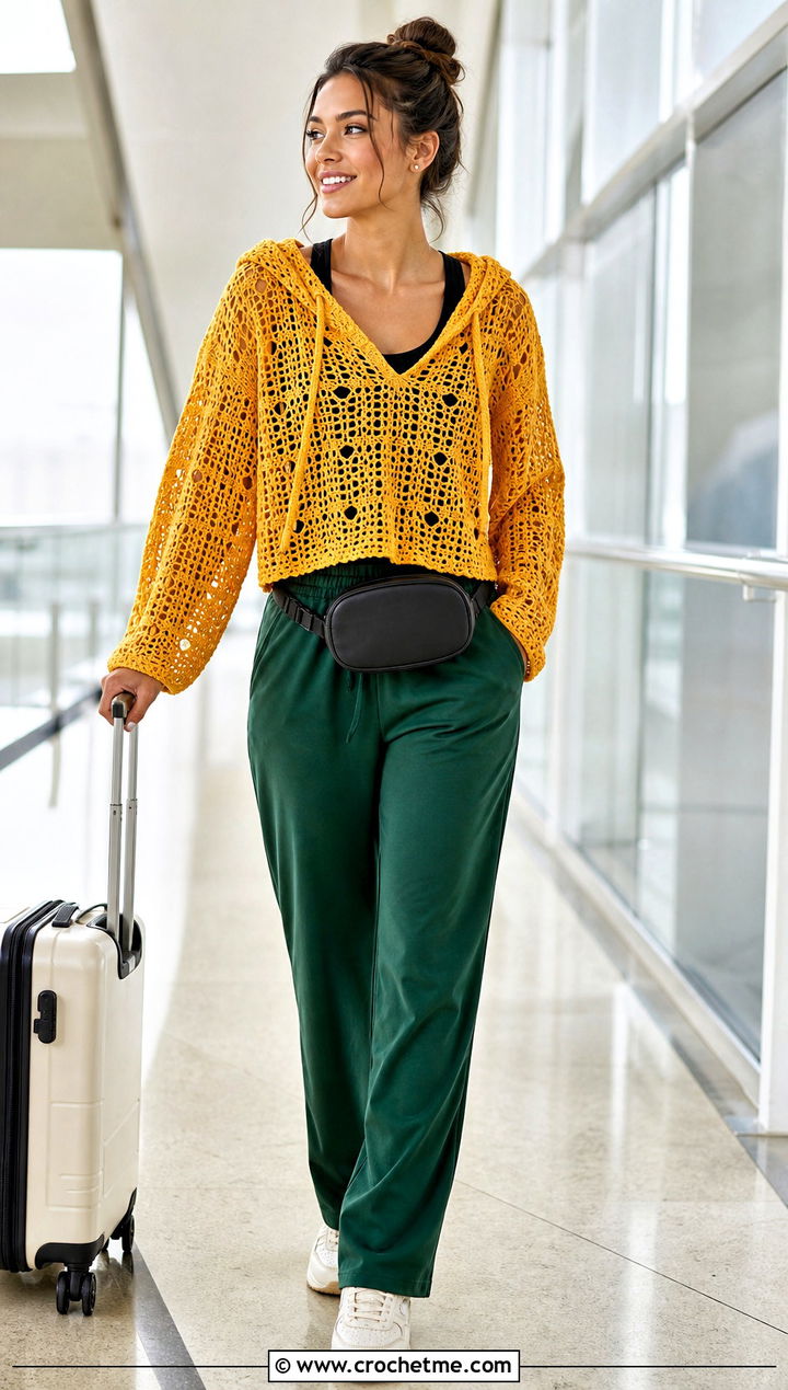 Gold Crochet Hoodie Top With Track Pants - 35 gold crochet top outfit ideas