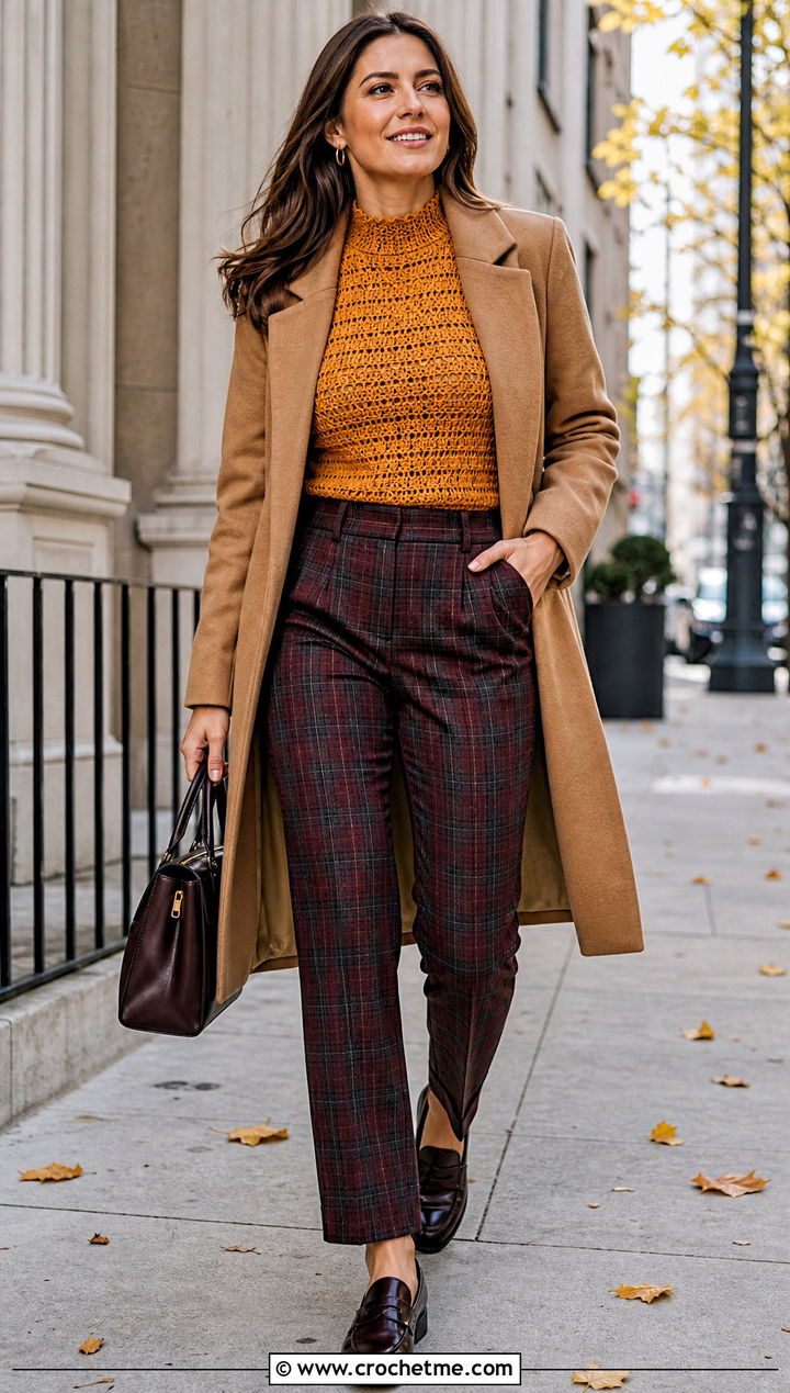 Gold Crochet Mock Neck Top With Plaid Trousers - 35 gold crochet top outfit ideas