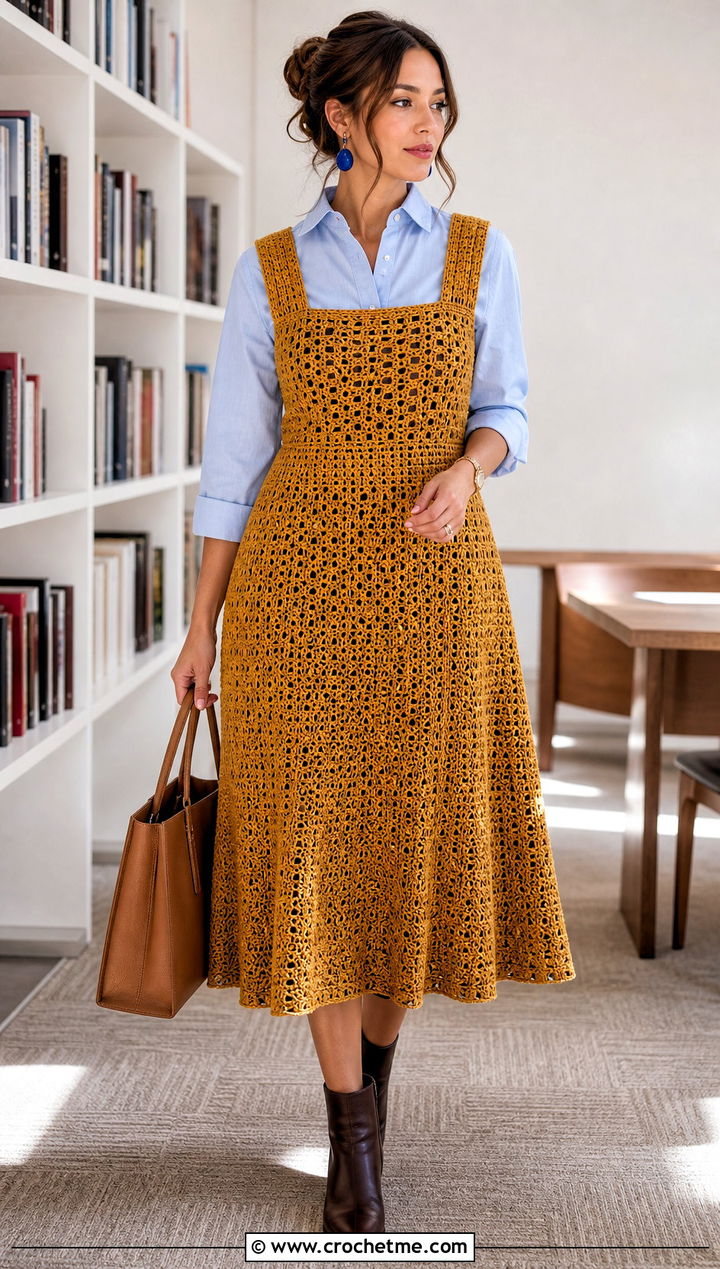 Gold Crochet Pinafore Dress With Button Down Shirt - 35 Gold Crochet Dress outfit ideas