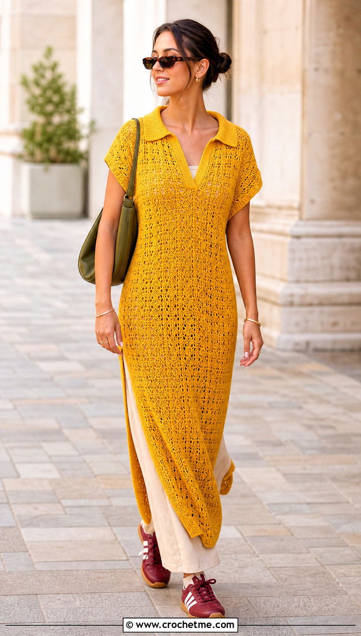 Gold Crochet Polo Maxi Dress With Retro Sneakers - 35 Gold Crochet Dress outfit ideas